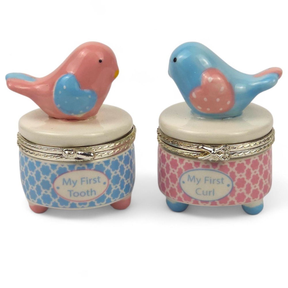 Mud Pie My First Tooth and Curl Keepsake Set Ceramic Bird Baby Trinket Box Pink